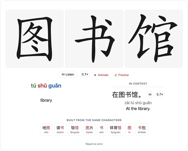 A Learn Mandarin flashcard for 图书馆, library: the three characters in stroke-order panels with Listen, Animate and Practice beneath, the pinyin tú shū guǎn coloured by tone, and an example sentence with audio.